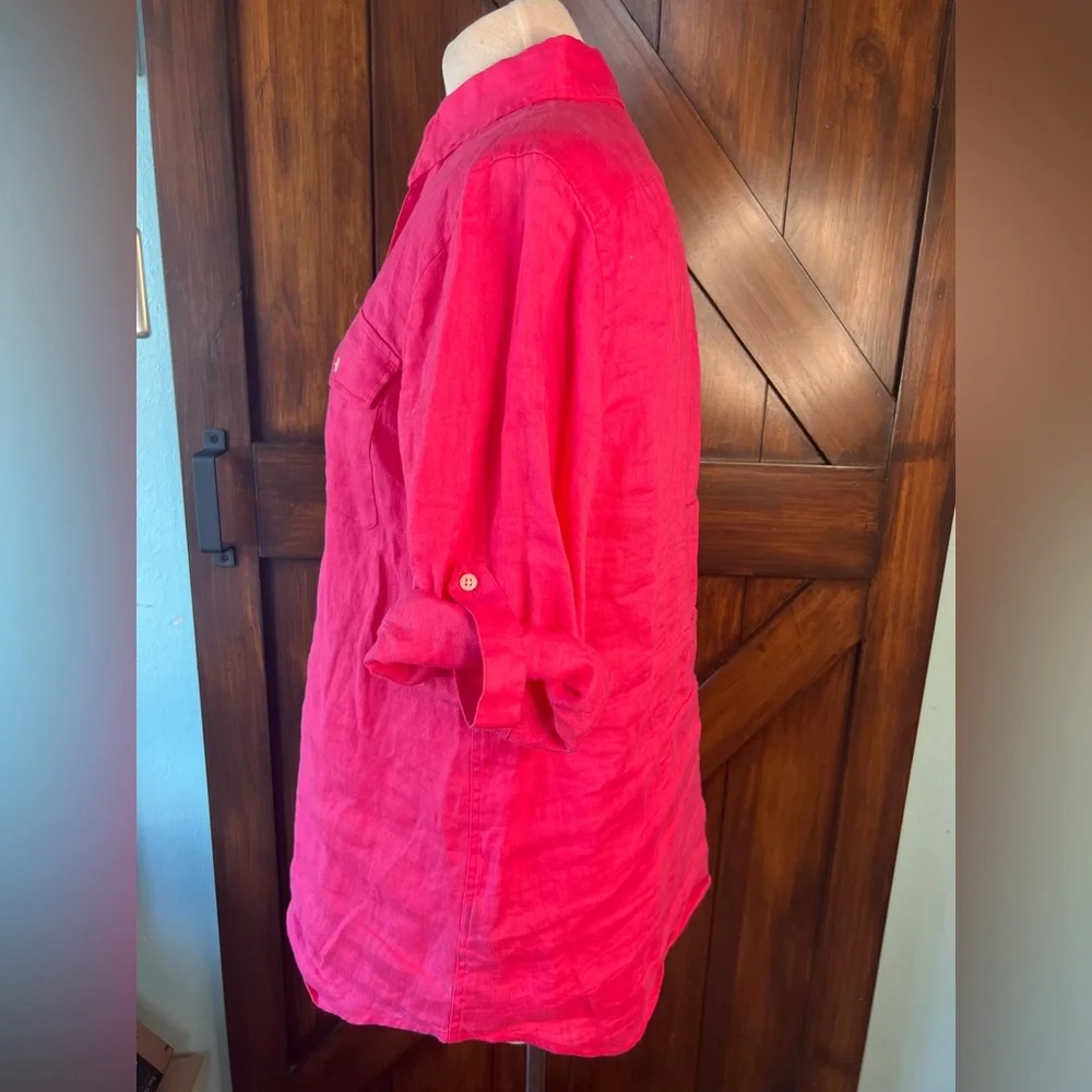 Lauren Ralph Lauren 100% Linen Vibrant Pink 3/4 Sleeve Tunic Shirt Blouse M - Picture 5 of 6